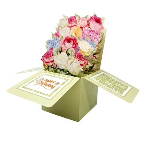 3D Pop Up Greeting Card Flower Bouquet Box Design Handmade Cardstock Birthday Gift For Women With Envelope