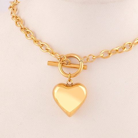 Collana Con Pendente A Cuore Placcata Oro 18K Acciaio Inossidabile Catena Grossa Chiusura A T Bijoux Donna
