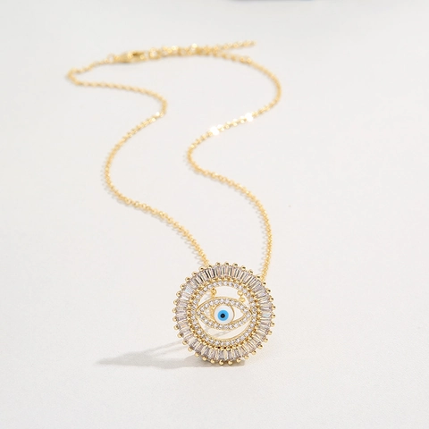 Collier Pendentif Œil Maléfique Laiton Plaqué Or Zircone Cubique Émail Bijoux Hypoallergéniques Tendance Pour Femmes