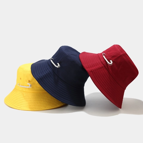 Bucket Hat Cotton Canvas Rhinestone Safety Pin Decor Wide Brim Foldable Sun Protection Fashion Outdoor For Women Men