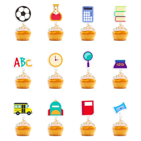 Back To School Cupcake Toppers School Bus Books Beaker Paper Cake Decorating Picks For Kids Classroom Party Supplies