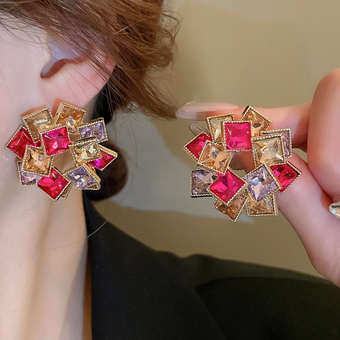Retro Geometrische Quadratische Ohrstecker Mit Legierung Strass Und Silbernem Ohrringpfosten Bunter Kristallschmuck Für Damen
