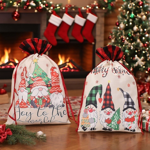 Large Christmas Drawstring Gift Bag Burlap Linen Gnome Pattern Holiday Reusable Candy Sack For Party Decoration