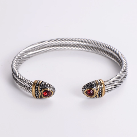 Stainless Steel Twisted Cable Open Cuff Bangle Red Zircon Two Tone Punk Jewelry For Men