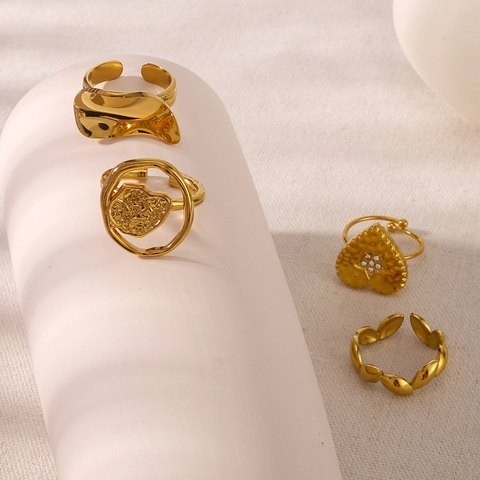 Bagues Ouvertes Ajustables En Acier Inoxydable Plaqué Or 18K Cœur Géométrique Irrégulier Vague Feuille Style Ins Bijoux Pour Femmes