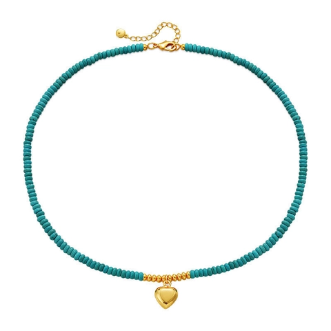 Exotic Style Zinc Alloy Artificial Turquoise Beaded Heart Pendant Necklace For Women Handmade Lucky Beads Choker Jewelry Gift