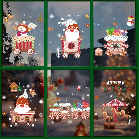 Christmas Window Stickers Static Cling Double Sided PVC Decals Santa Snowman Snowflake Gnome Cartoon Festive Glass Decor