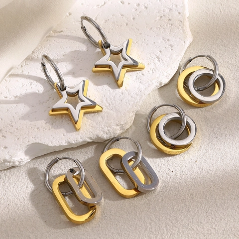 Stainless Steel Hoop Earrings Two Tone Star Round Oval Geometric 18K Gold Plated Minimalist Jewelry For Women