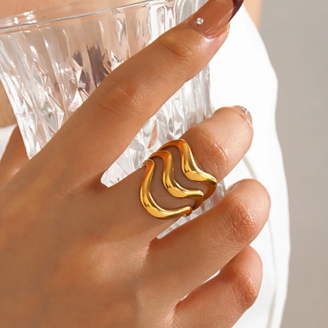 Stainless Steel Wave Open Ring Women Minimalist Multi Layer Irregular Geometric Adjustable Gold Plated Fashion Jewelry