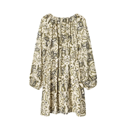 Bohemian Print Mini Dress Polyester Long Lantern Sleeve Waist Tie Round Neck Loose Fit Vintage Style For Women