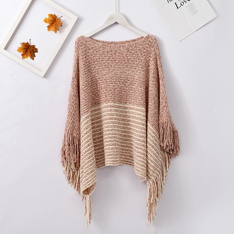 Poncho De Punto Para Mujer Chal Hilo De Chenilla Cuello Barco Rayas Borlas Capa Estilo Nórdico Cálido Invierno