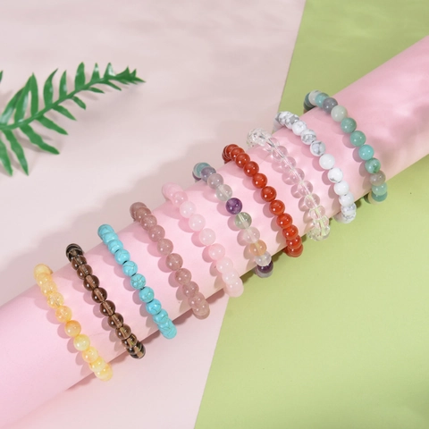 Natural Stone Beaded Bracelet Round Gemstone Crystal Amethyst Rose Quartz Elastic Healing Energy Jewelry For Women Men