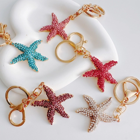 Starfish Keychain Sparkling Rhinestone Alloy Sea Star Pendant Bag Charm Cute Ocean Theme Accessory For Women Girls