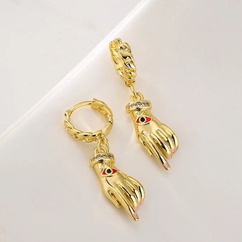 Huggie Hoop Earrings Gold Plated Copper Evil Eye Hand Pendant Colorful Enamel Zircon Bohemian Fashion Jewelry