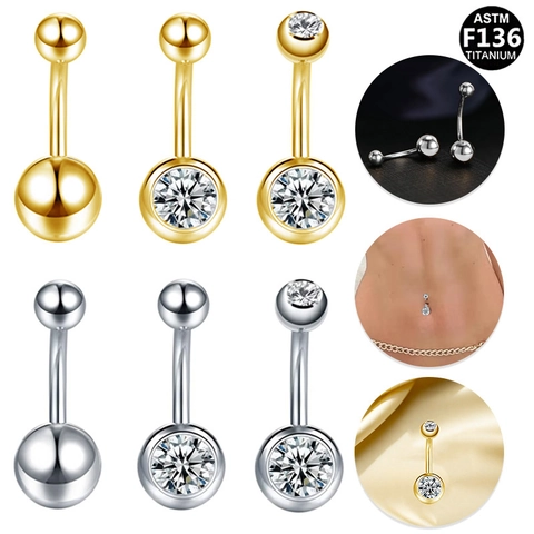 ASTM F136 Titanium Belly Button Ring With Round Cubic Zirconia Inset Simple Body Piercing Jewelry For Women