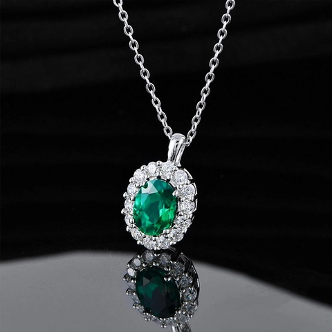 Vintage 925 Sterling Silver Lab Grown Emerald Pendant Necklace For Women Luxurious Geometric Zirconia Inlaid Jewelry Gift