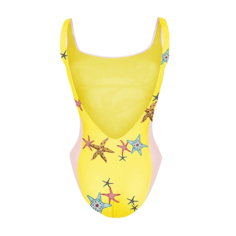 One-Piece Swimsuit Women Starfish Marine Life Print Backless U-Neck Sexy Beachwear Vacation High Elasticity Polyester