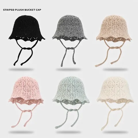 Chapeau Cloche Tricoté Polyester Bord Ondulé Avec Brides Ajouré Crochet Chaud Chapeau Pêcheur Femme