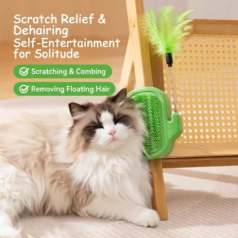 Cactus Shape Cat Self Groomer Wall Corner Massage Brush Toy With Catnip Ball And Feather Teaser PP For Indoor Cats