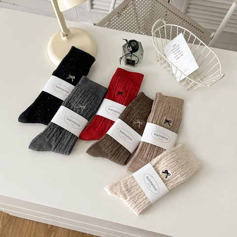 Calze Slouch Da Donna Cotone Maglia Filato Nep Costine Ricamo Fiocco Stile Giapponese Metà Polpaccio Carine