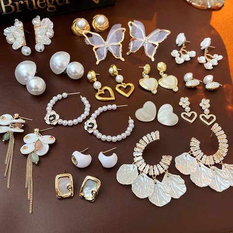Copper Earrings Gold Plated With Silver Earring Post Artificial Pearl Zircon Flower Butterfly Vintage Luxury Style Jewelry For Women