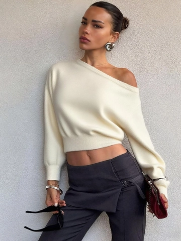 Dames Gebreide Top Met Blote Schouders Lange Mouwen Slim Fit Boothals Cropped Trui Elegant Streetwear