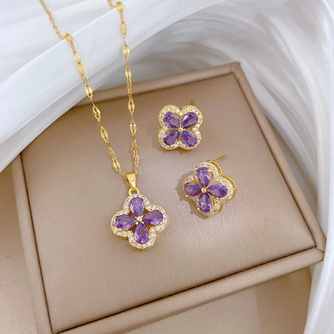 Clover Flower Necklace And Earrings Purple Zircon Copper Pendant Titanium Steel Chain Jewelry For Women Elegant