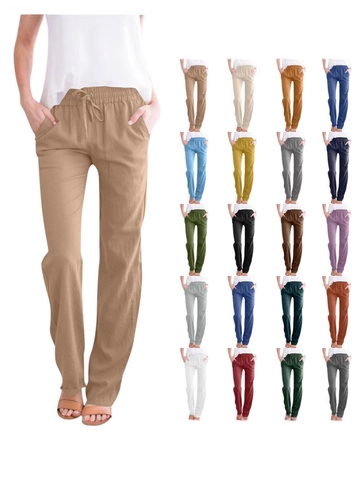 Women Cotton Linen Pants Drawstring Loose Casual Wide Leg Trousers With Pockets Solid Color Comfort Spring Summer