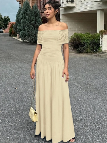 Damen Off Shoulder Maxi Kleid Gerafft Eng Anliegend Einfarbig Ärmellos Lang Sommer Elegant Bodycon Kleider