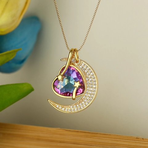 Collier Pendentif Lune Et Cœur Cuivre Plaqué Or 18K Zircone Étoile Bijoux Tendance Chic Élégant Pour Femme