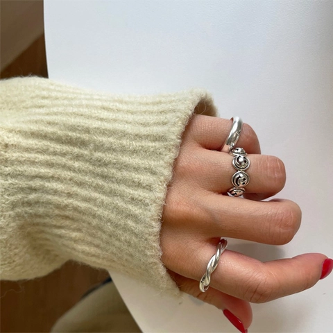 Anello In Argento Sterling 925 Corda Intrecciata Minimalista Testurizzato Gioielli Di Moda Per Donne