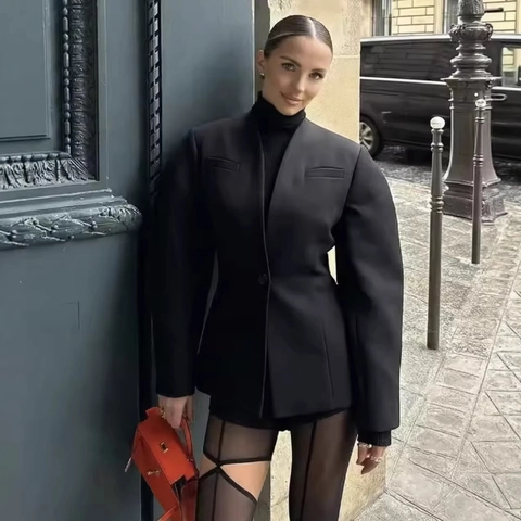 Blazer Noir Pour Femmes Veste Manches Bouffantes Col En V Simple Boutonnage Polyester Élégant Style Commuter