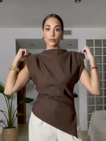 Women Sleeveless Top Shoulder Pad Asymmetric Hem Pleated Crew Neck Solid Polyester Satin Feel Elegant Blouse Shirt
