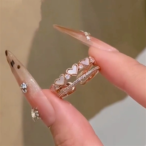 Elegant Heart Shaped Mother Of Artificial Pearl Zirconia Double Layer Open Adjustable Ring Copper Rose Gold Plated Women Jewelry