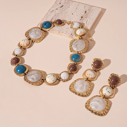 Parure Collier Boucles d'oreilles Géométrique Vintage Bohème Alliage Or Résine Marbre Clou d'oreille Argent Femmes