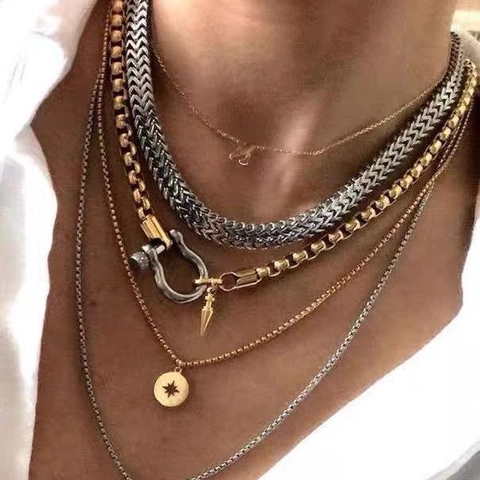 Layered Brass Necklace With Lightning Bolt Rhinestone Pendant Mixed Gold Silver Tone Hip Hop Punk Streetwear For Women