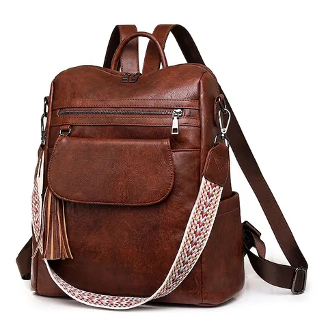 Mochila De Moda Para Mujer Cuero PU Retro Gran Capacidad Bolso De Viaje Con Correa Tejida Colorida Y Borla Informal