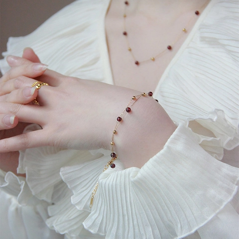 Vintage French Style Necklace And Bracelet Stainless Steel Gold Plated Garnet Red Round Beads For Women