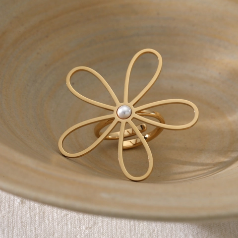 Anello Regolabile Fiore E Perla Artificial Acciaio Inossidabile 316L Gioielli Floreali Eleganti Per Donna Lucidato