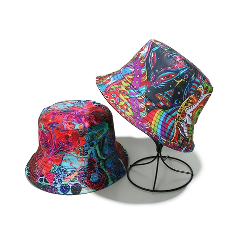 Bob Graffiti Psychédélique Polyester Protection Solaire Été Plage Hip Hop Streetwear Pour Hommes Chapeau Extérieur Respirant