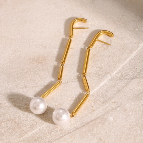 Stainless Steel Geometric Dangle Earrings With Artificial Pearl Gold Plated Long Tassel Drop Earrings For Women Jewelry