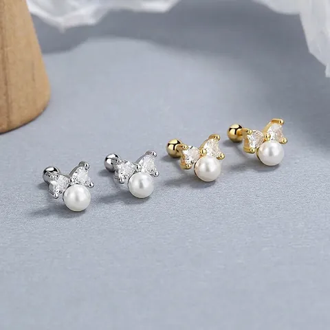 Orecchini a Bottone con Fiocco in Argento Sterling 925 Con Perla Artificiale e Strass Orecchini Fiocco con Chiusura a Vite Donna