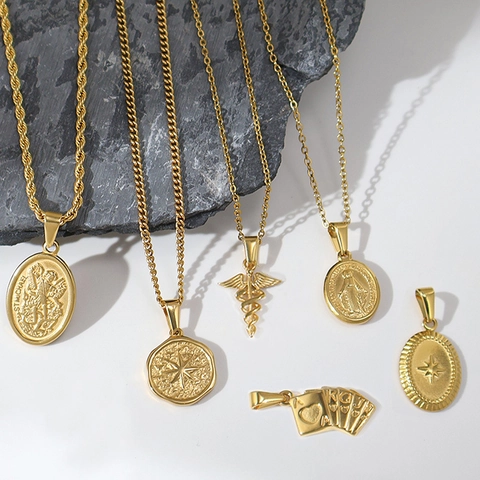 Vintage Roestvrijstalen Hanger Ketting Goud Zilver Kleur Maagd Maria Octagram Engel Trofee Poker Religieus Symbool Sieraden