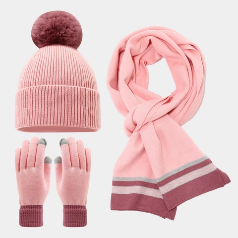 Winter Strickmütze Schal Und Handschuhe Set Aus Acryl Mit Bommel Touchscreen Thermisch Outdoor Für Damen