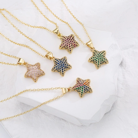 Collier Pendentif Étoile À Cinq Branches Cuivre Plaqué Or 18K Zircon Chaîne De Clavicule Bijoux Pour Femmes