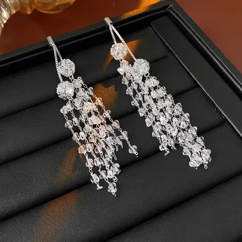 Lange Quasten Ohrhänger Mit Kristall Zirkon Kupfer Und Silber Ohrstecker Elegant Luxus Stil Modeschmuck Für Damen