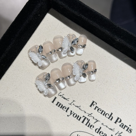 Handgefertigte Kunstnägel Schmetterling Cat Eye French Style Mit Künstliche Perlen Strasssteinen Luxus Elegant Für Frauen