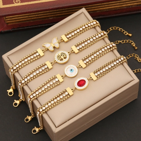Bracelet Multicouche En Acier Inoxydable Plaque Or Strass Oeil De Turquie Arbre De Vie Papillon Femme Ajustable