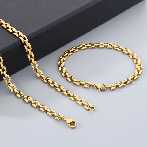 Minimalist 18K Gold Plated Stainless Steel Necklace And Bracelet Jewelry Set Hollow Geometric Square Links Fashion For Women