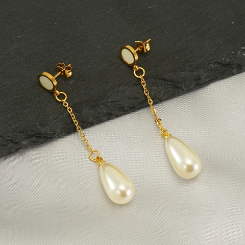Vintage Teardrop Artificial Pearl Drop Earrings 18K Gold Plated Stainless Steel Long Tassel Elegant Jewelry For Women